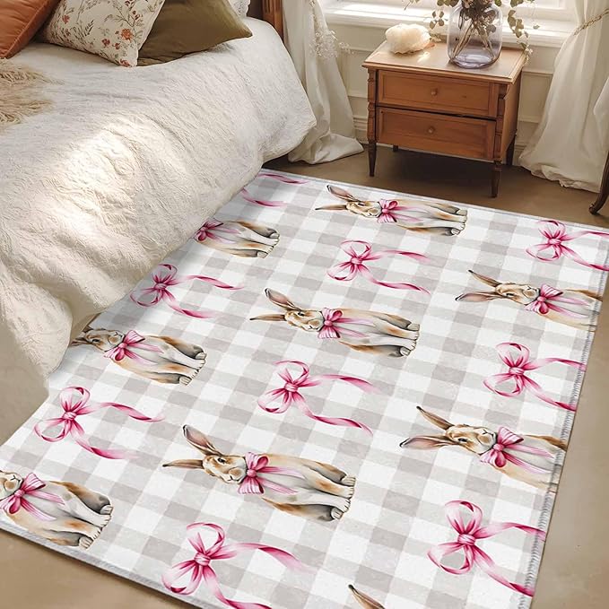 Area Rug 3x5ft, Easter Rabbit Pink Bow Washable Rugs for Living Room Bedroom, Seamless Bunny Gray Buffalo Plaid Soft Non-Slip Area Rugs Rectangle Floor Carpet for Dining Room