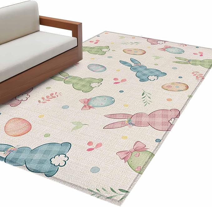 Area Rug 3x5ft, Happy Easter Cute Plaid Bunny Washable Rugs for Living Room Bedroom, Colorful Egg Leaves Farm Linen Soft Non-Slip Area Rugs Rectangle Floor Carpet for Dining Room