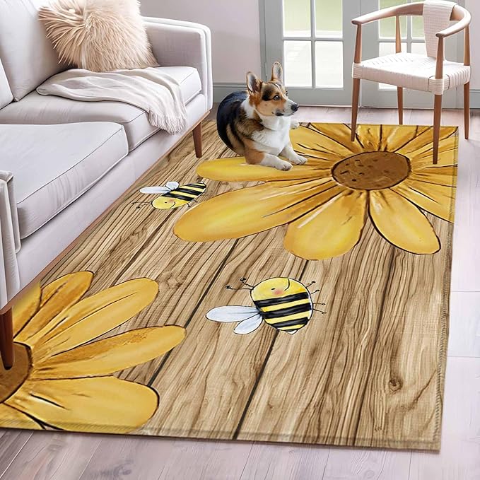 Area Rug 4x6ft, Summer Yellow Bee Blossom Flower Washable Rugs for Living Room Bedroom, Retro Rustic Brown Wood Board Soft Non-Slip Area Rugs Rectangle Floor Carpet for Dining Room