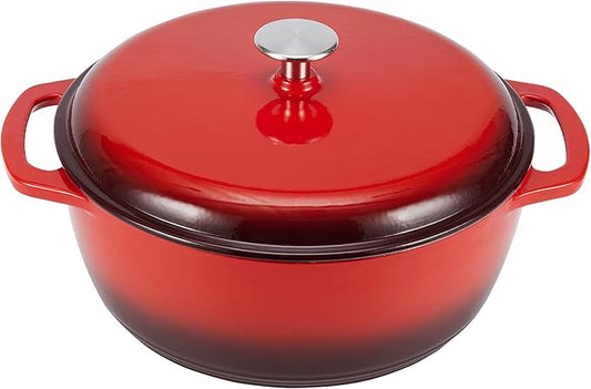 Amazon Basics Enameled Cast Iron Dutch Oven Pot with Lid, Round, Dual Handles, Heavy-Duty, Oven Safe for Roasting, Baking, Stews, 7.3-Quart, Red