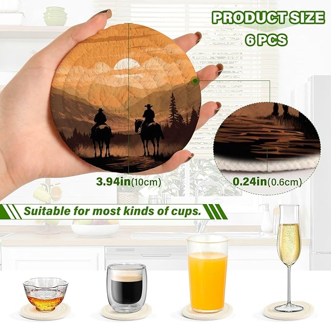 YETTASBIN Western Cowboy 6 Pcs Drink Coasters with Holder, Cotton Woven Absorbent Heat-Resistant Round Coaster Non-Slip Table Mat for Kitchen Bar Home Decor Housewarming Gift, 3.9 in