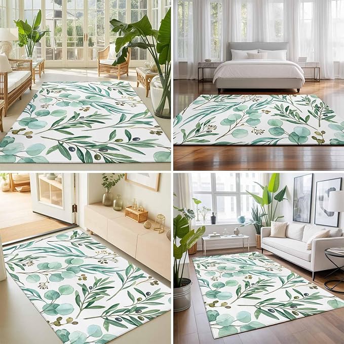 Area Rug 8x10ft, Watercolor Eucalyptus Leaves Washable Rugs for Living Room Bedroom, Spring Green Foliage Branch Soft Non-Slip Area Rugs Rectangle Floor Carpet for Dining Room