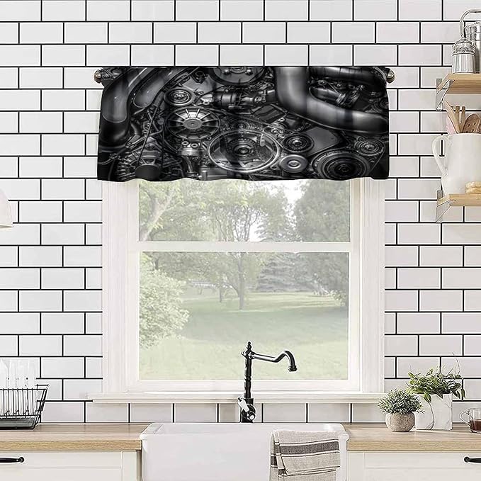 Engine Valance Curtain Car Engine Industrial Man Cave Rod Pocket Valance Window Treatments Short Curtains for Kitchen Farmhouse Living Room Bathroom Bedroom Decor 54x18inch