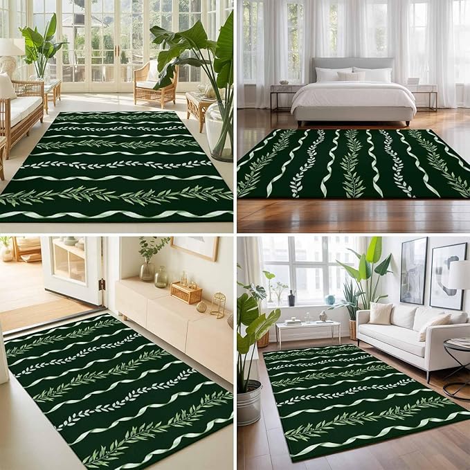 Area Rug 4x6ft, Botanical Leaves Green Ribbons Washable Rugs for Living Room Bedroom, Summer Foliage Plant Soft Non-Slip Area Rugs Rectangle Floor Carpet for Dining Room