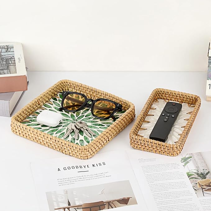 Woven Key Basket for Entryway Table Wicker Basket Tray Key Holder Decorative Serving Tray with Mother-of-Pearl Inlay for Jewelry, Green