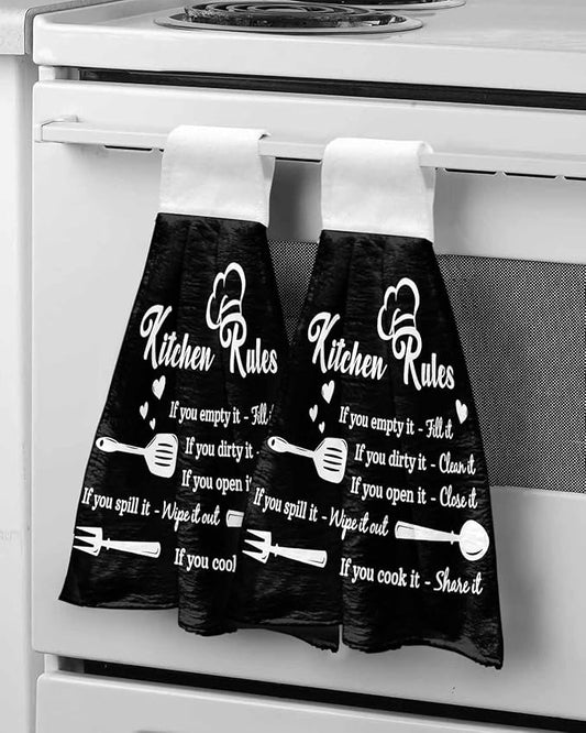 Alandar Home Kitchen Tie Towel Set of 2, Kitchen Rules Black and White Absorbent Soft Hand Towels for Bathroom Hanging Towels, Kitchens Utensils Appliances Fast Drying Cleaning Cloth with Loop