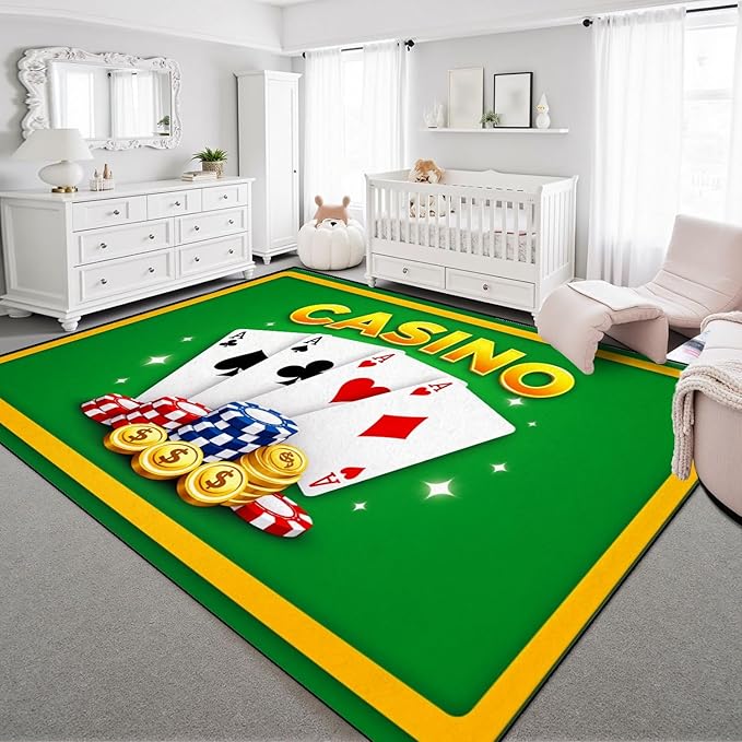 8x10 Area Rugs for Bedroom Boho Washable Man Cave Rug for Living Room Casino Theme Playing Cards Poker Chips Dollar Coins Soft Rubber Backed Non-Slip Large Carpets for Boys