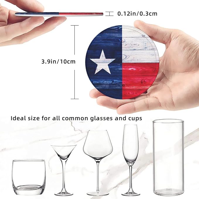 Texas Flag Wooden Leather Drinks Coasters with Holder, Set of 6, Suitable for Various Cups