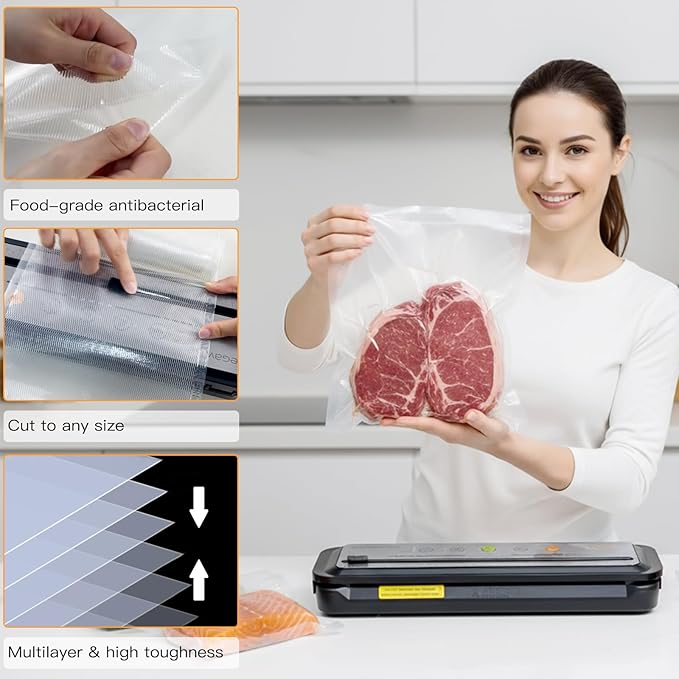MEGAWISE Vacuum Sealer Bag Rolls with Labels & Marker, 2 Rolls 8 inch wide × 16.4 Feet Long BPA-Free Embossed Vacuum Rolls for All Vacuum Sealers
