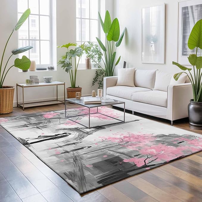 Area Rug 9x12ft, Vintage Towel Couple Pink Flower Washable Rugs for Living Room Bedroom Rectangle Floor Carpet, Watercolor Modern City Scene Soft Non-Slip Area Rugs for Dining Room