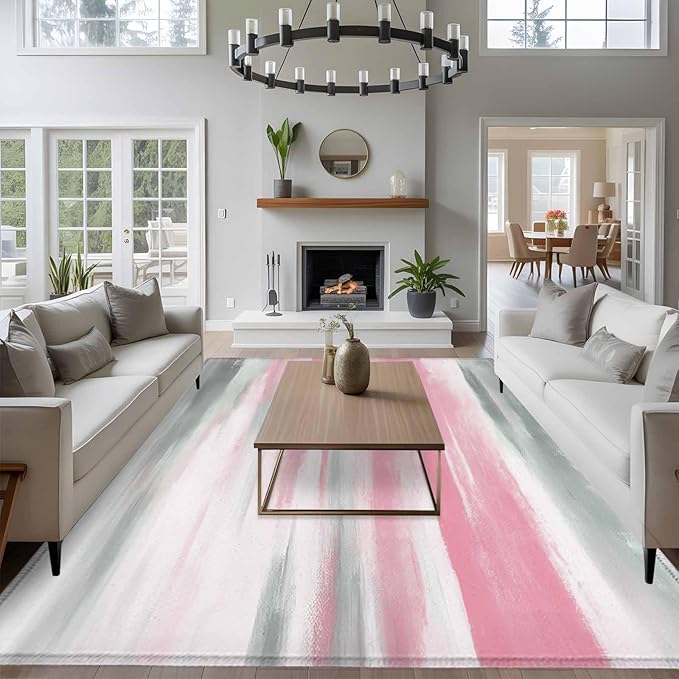 Area Rug 6x9ft, Pink Grey Mottled Texture Seamless Washable Rugs for Living Room Bedroom, Gradient Abstract Art Soft Non-Slip Area Rugs Rectangle Floor Carpet for Dining Room