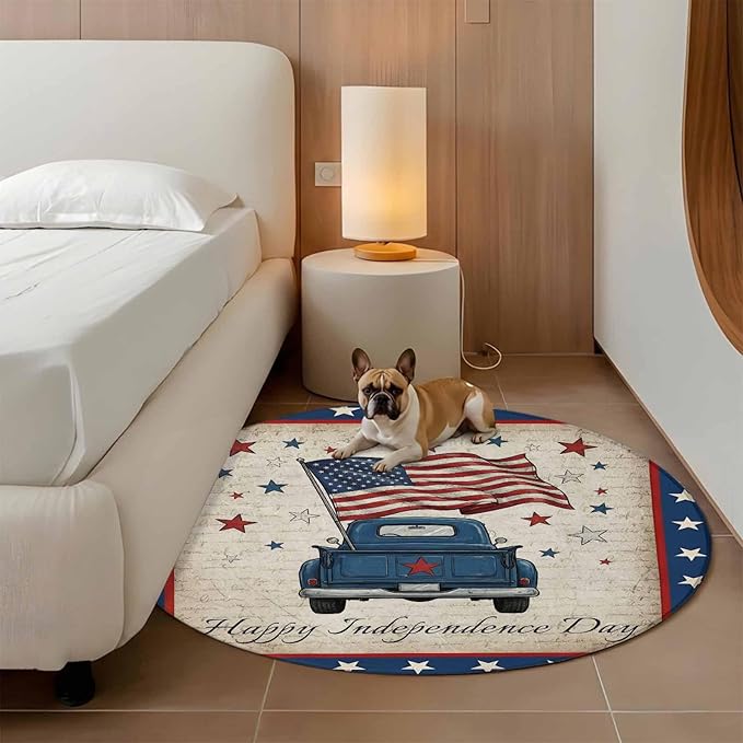 Washable Round Area Rug Happy Independence Day USA Flag Circle Rugs Floor Carpet for Living Room Bedroom, Retro Blue Truck Soft Non Slip Round Rug 5ft