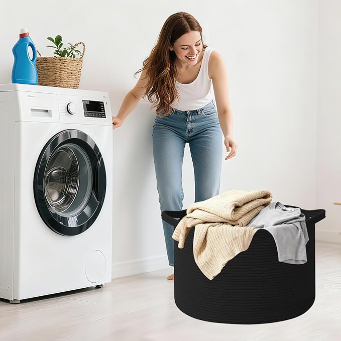 115L Extra Large Blanket Basket,Woven Rope Laundry Basket Hamper with Handles, Decorative Nursery Basket Storage Bin for Toys, Clothes Organizer, Living Room, Bedroom, Bathroom, Black