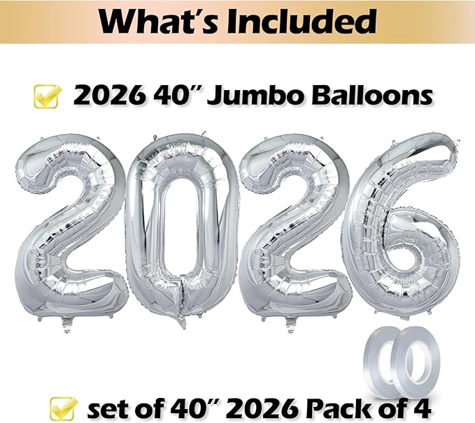 40 Inch 2026 Pack of 4 Silver Big Helium Foil Balloon Numbers Large Mylar Number for Christmas New Year's Eve Party Graduation Birthday