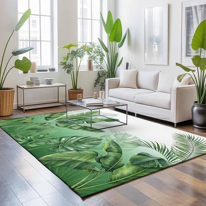 Area Rug 4x6ft, Botanical Rainforest Plants Washable Rugs for Living Room Bedroom, Watercolor Tropical Banana Leaves Soft Non-Slip Area Rugs Rectangle Floor Carpet for Dining Room