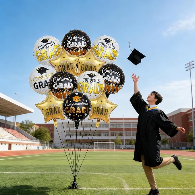 Graduation Balloons Set -12 Pcs Black Gold Congrats Grad Foil Balloons Decor,GRAD Letters Mylar Balloons Class of 2026 Congrats Grad for College High School Graduation Party Decorations Supplies