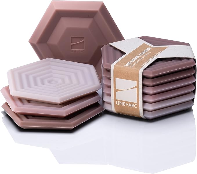 LINE+ARC Extra Thick Silicone Coasters Waterproof Anti-Stain Heat-Safe Dishwasher-Safe Degrē Coasters Original (Set of 6, Mauve) Outdoor Rubber Mid-Century Modern