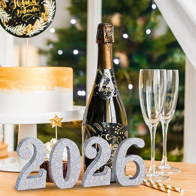 TONIFUL 4 Inch 2026 Silver Glitter Table Centerpiece Sign 2026 Number Word Sign,2026 Wooden Numbers Block for New Year Eve,Graduation,Chrismas,Anniversary Party Supplies