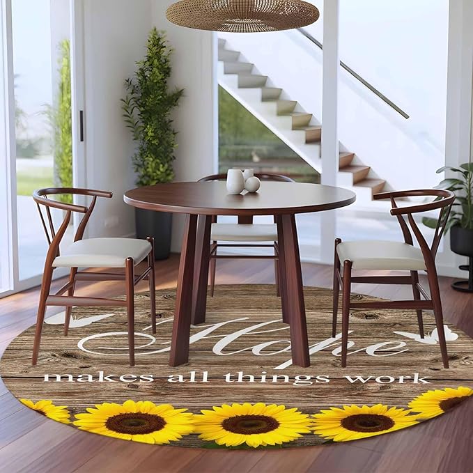 Washable Round Area Rug Farm Sunflower Positive Energy Quote Circle Rugs Floor Carpet for Living Room Bedroom, Retro Dark Brown Wood Grain Soft Non Slip Round Rug 5ft