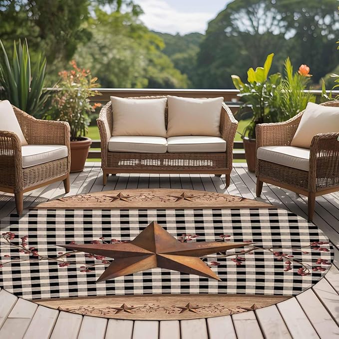 Brown Texas Star Retro 6ft Round Rug, Country Star Non-Skid Rubber Backing Large Area Rugs - Living Room Bedroom Home Office, Black White Plaid Wooden Indoor Floor Mat Carpets Washable Rug