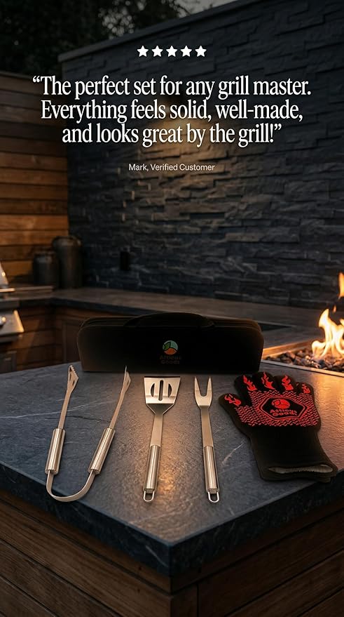 Stainless Steel Grill Set, 5 Piece Heavy Duty Barbecue Tools, BBQ Grilling Accessories Grill Kit with Tongs, Spatula, Fork, Gloves and Zippered Carry Bag