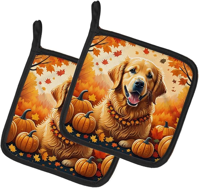 Caroline's Treasures DAC1049PTHD Golden Retriever Fall Pair of Pot Holders Kitchen Heat Resistant Pot Holders Sets Oven Hot Pads for Cooking Baking BBQ, 7 1/2 x 7 1/2