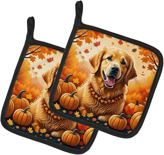 Caroline's Treasures DAC1049PTHD Golden Retriever Fall Pair of Pot Holders Kitchen Heat Resistant Pot Holders Sets Oven Hot Pads for Cooking Baking BBQ, 7 1/2 x 7 1/2