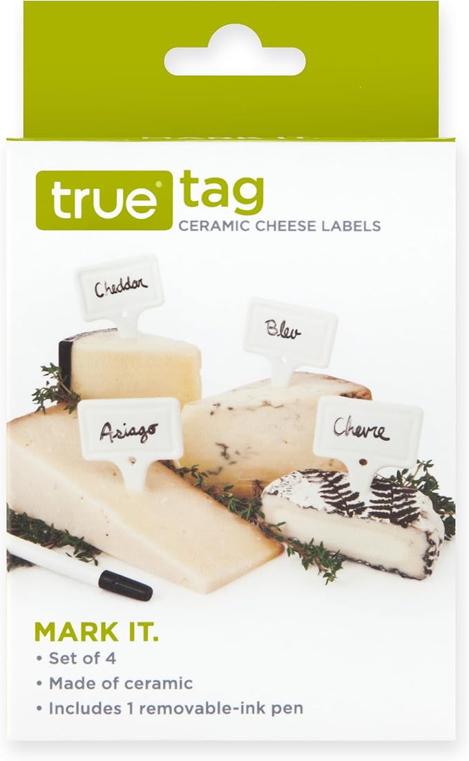 True Tag Ceramic Cheese Board Labels, Cheese Markers, Charcuterie Accessories, Hosting Essentials for Birthday, Wedding, Wine Parties, Set of 4, White