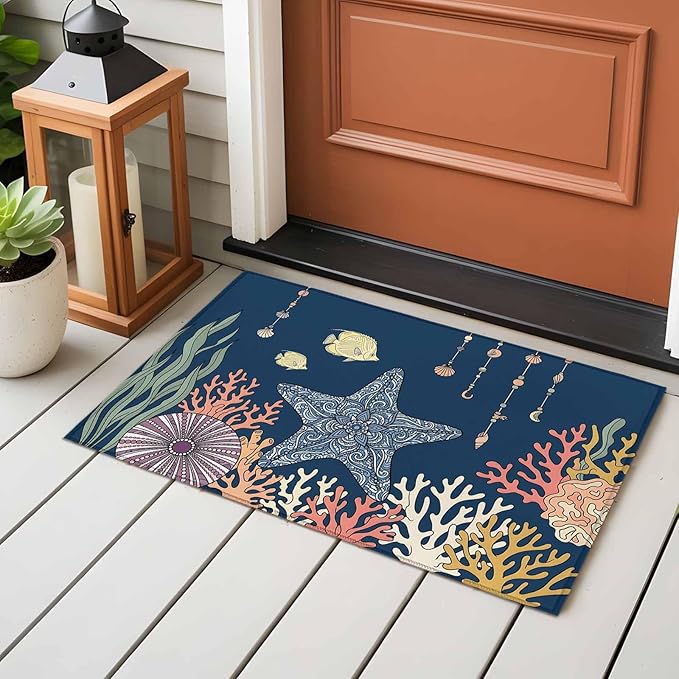 Area Rug 2x3ft, Ocean Starfish Coral Fish Washable Rugs for Living Room Bedroom, Underwater Creature on Navy Blue Soft Non-Slip Area Rugs Rectangle Floor Carpet for Dining Room