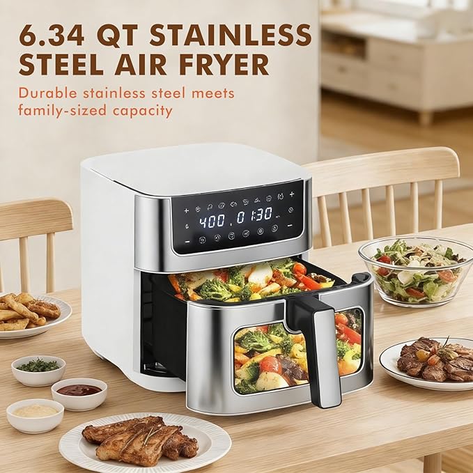Sweetcrispy 6.34QT Air Fryer, 8-in-1 Air Fryers Oven with Visible Window, 400℉ Fast Heating, Nonstick Dishwasher-Safe Basket, Timer & Auto-Off, Stainless Steel, White