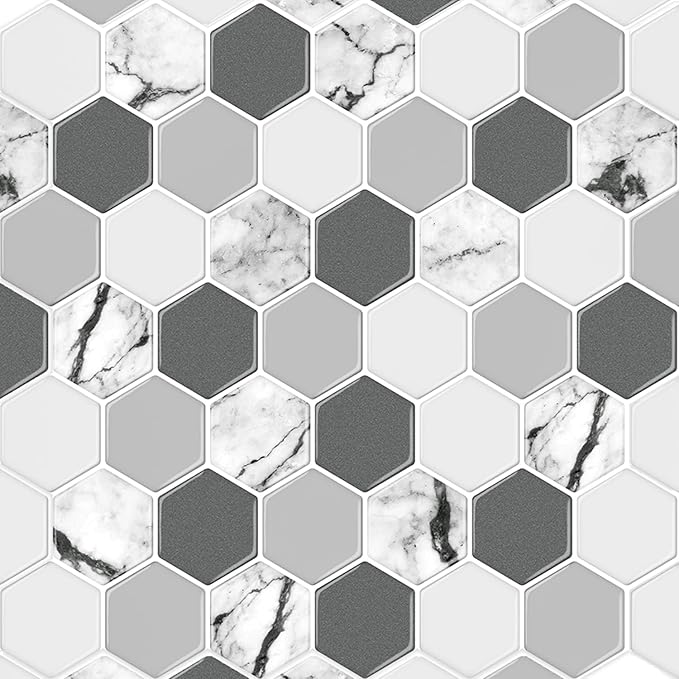 Décor Wow Peel & Stick Backsplash for Kitchen & Bathroom White & Grey Hexagon, 1 sq ft (8-Pack)