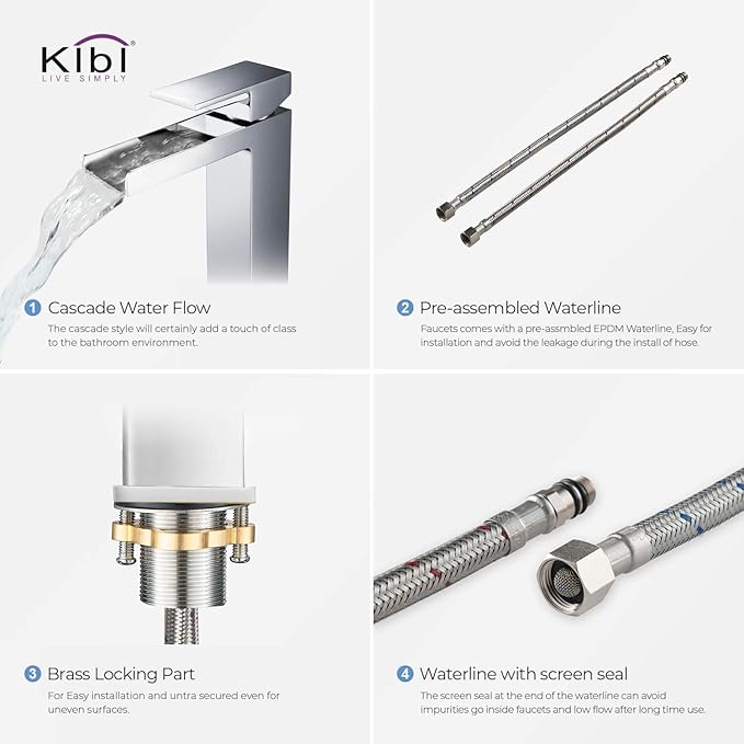 KIBI Tall Waterfall Faucet for Bathroom Sink | Single Handle Brass Vanity Faucet with Water Supply Hose | Durable Brass Construction and Smooth Water Flow | Chrome Finish - KBF1005