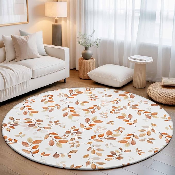 Washable Round Area Rug Autumn Orange Leaf Botanical Circle Rugs Floor Carpet for Living Room Bedroom, Abstract Vine Pattern Soft Non Slip Round Rug 5ft