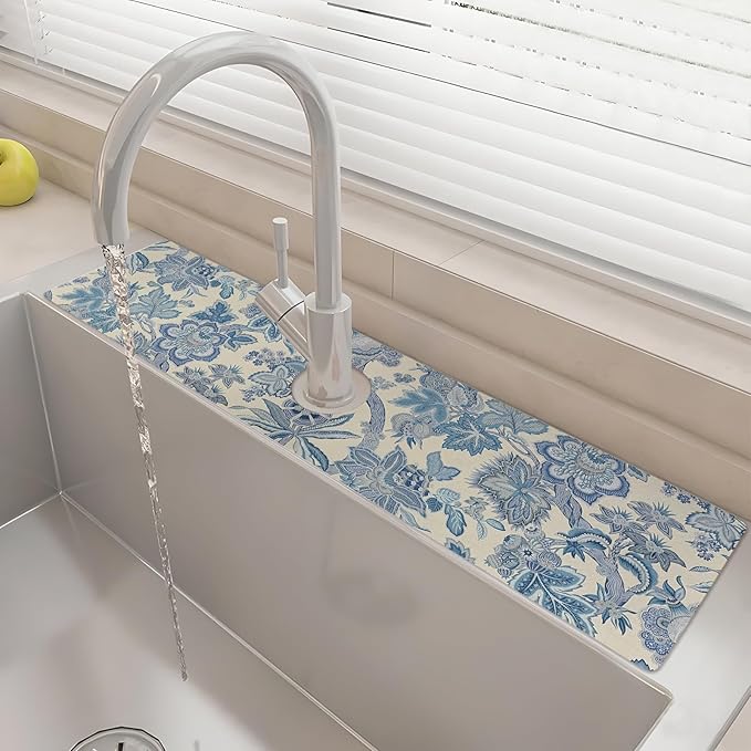 24" X 5.5" Kitchen Sink Splash Guard Faucet Mat Flora Super Absorbent Fast Drying Faucet Guard & Draining Mat Sink Splash Guard Behind Faucet for Kitchen, Bathroom