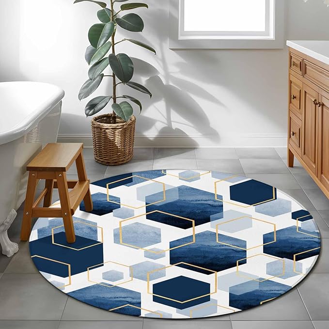 Washable Round Area Rug Watercolor Blue Hexagon Circle Rugs Floor Carpet for Living Room Bedroom, Abstract Geometric Art Soft Non Slip Round Rug 4ft