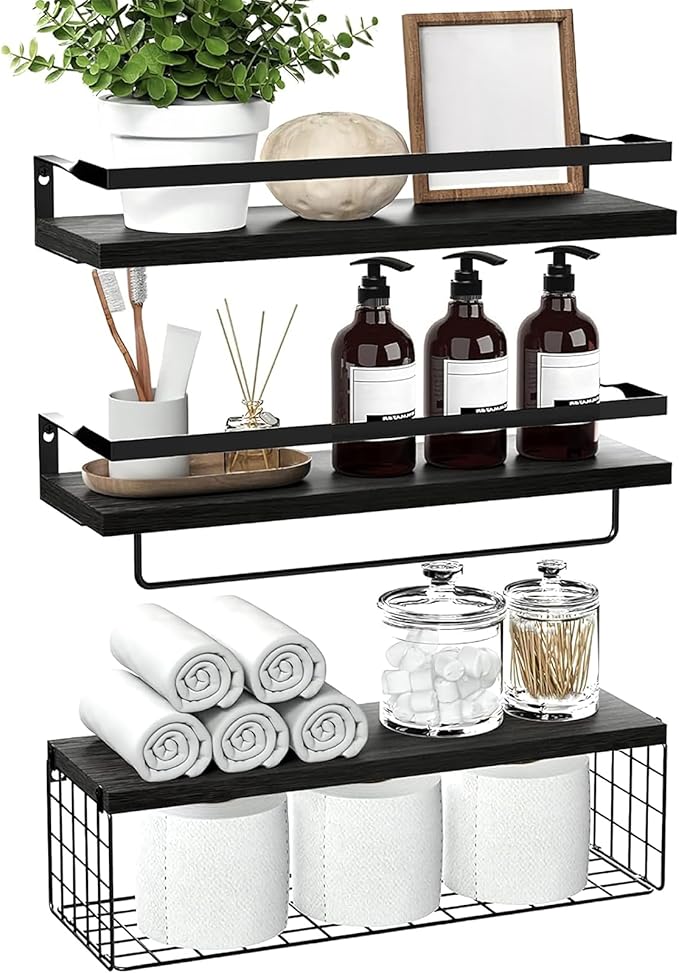 Upgrade Towel Racks for Bathroom Wall Mounted, 3 Pack Floating Shelves with Storage Basket, Bathroom Organizes, Wall Mounted Rustic Wood Shelves for Bedroom, Living Room, Kitchen (Black)