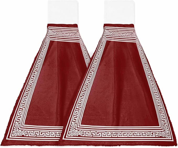 Alandar Home Kitchen Tie Towel Set of 2, Greek Abstract Inspired Key Pattern Absorbent Soft Hand Towels for Bathroom Hanging Towels, Geometric Twist Line on Red Fast Drying Cleaning Cloth with Loop