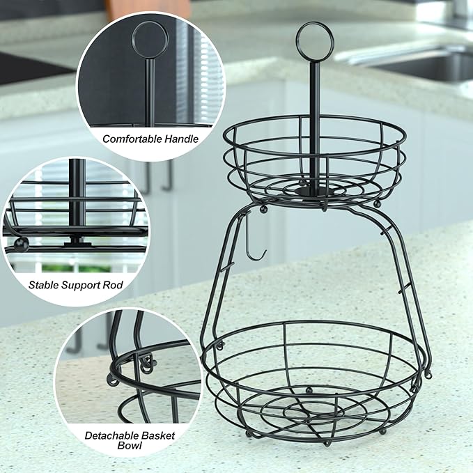 House Warming Gifts New Home, Fruit Basket for Kitchen Counter, 2 Tier Countertop Fruit Bowl Vegetable Baskets with Banana Hanger, Storage Basket for Snack, Home Decor, Kitchen Appliances