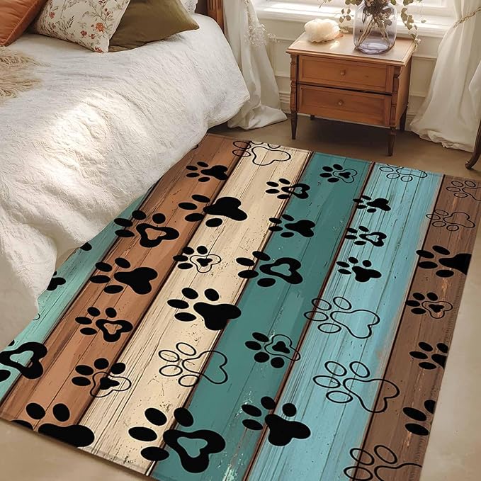 Area Rug 3x5ft, Farm Brown Wood Board Washable Rugs for Living Room Bedroom, Dog Paw Print Animal Footprint Soft Non-Slip Area Rugs Rectangle Floor Carpet for Dining Room