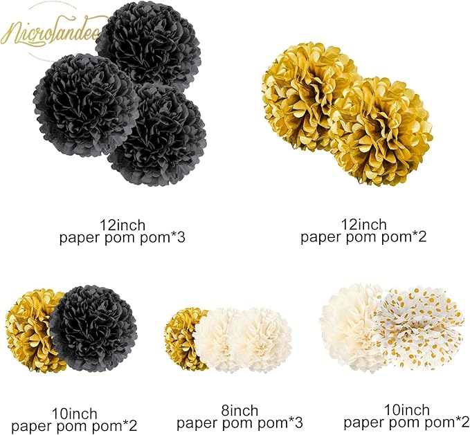 NICROLANDEE Black and Gold Party Supplies for 2026 Graduation - 12PCS Tissue Pom Poms 12" Decorative for Graduation, Wedding, Milestones Birthday for Men Women, Retirement Party, New Years Eve Party