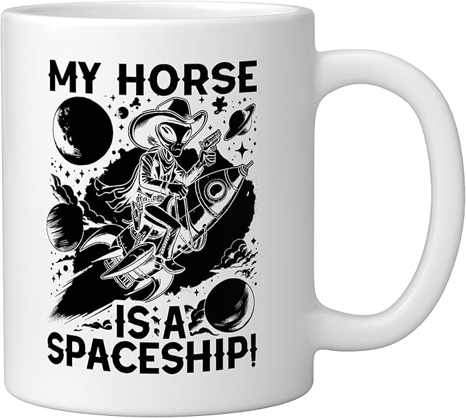 Alien Lover Flying Saucer UFO Extraterrestrial Cowboy Ceramic Mug, White