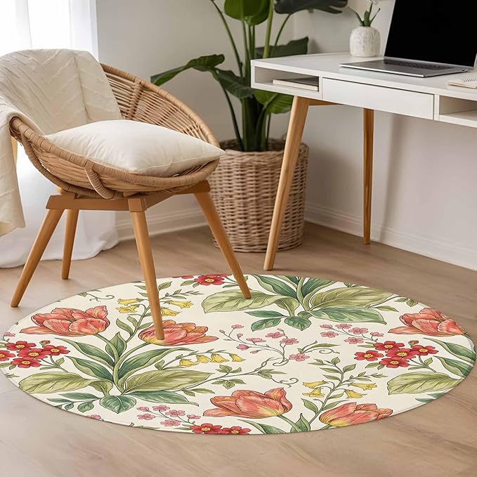 Washable Round Area Rug Vintage Tulips Red Daisies Circle Rugs Floor Carpet for Living Room Bedroom, Yellow Blooms Floral Pattern Soft Non Slip Round Rug 4ft