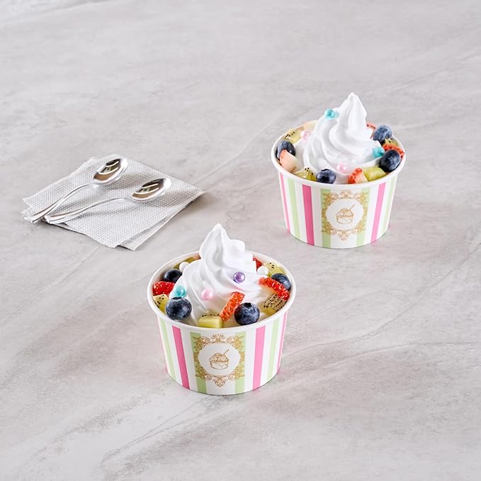 Coppetta 8 Ounce Dessert Cups, 200 Greaseproof Ice Cream Cups - Lids Sold Separately, For Hot And Cold Foods, Green And Pink Stripe Paper Yogurt Bowls, Disposable, Sturdy - Restaurantware