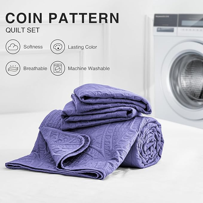 Love's cabin Oversized King Size Quilt Bedding Set Deep Purple Bedspreads - Oversized King Lightweight Bedspread Comforter - Coin Pattern Coverlet for All Season - 3 Pieces (1 Quilt, 2 Pillow Shams)