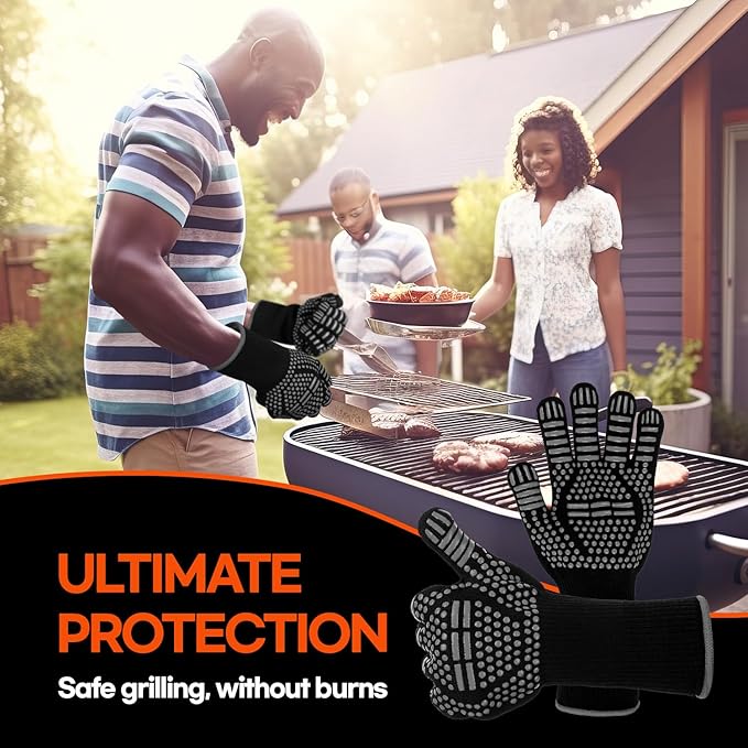 BBQ Gloves Heat and Flame Resistant Protection - Oven and Grill Gloves Hand Protection, Extended Wrist for Addtional Safety, Ideal for Outdoor Cooking, Grilling, Barbeque and Campfire (Grey)