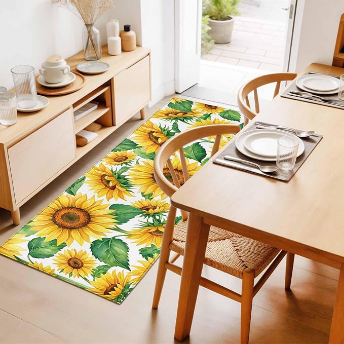 Runner Rug for Bedroom Hallway, Summer Garden Sunflower Leaves Kitchen Runner Rugs Area Rug 2x6ft, Farm Blossom Floral Washable Soft Floor Carpet for Entryway Stair