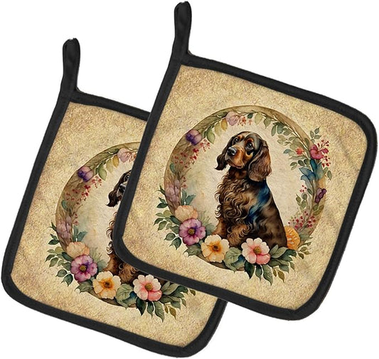 Caroline's Treasures Field Spaniel and Flowers Pair of Pot Holders Kitchen Heat Resistant Pot Holders Sets Oven Hot Pads for Cooking Baking BBQ, 7 1/2 x 7 1/2