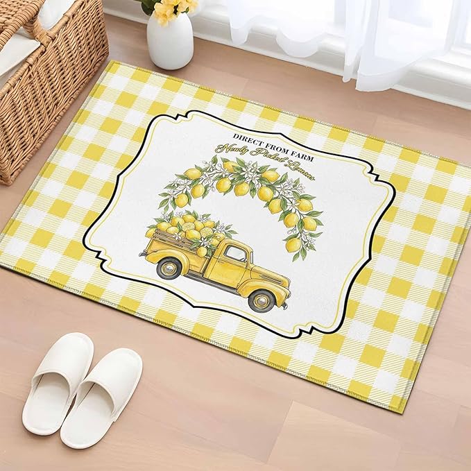Area Rug 2x3ft, Farm Yellow Truck Lemon Fruit Washable Rugs for Living Room Bedroom, Flower Leaves Buffalo Plaid Soft Non-Slip Area Rugs Rectangle Floor Carpet for Dining Room