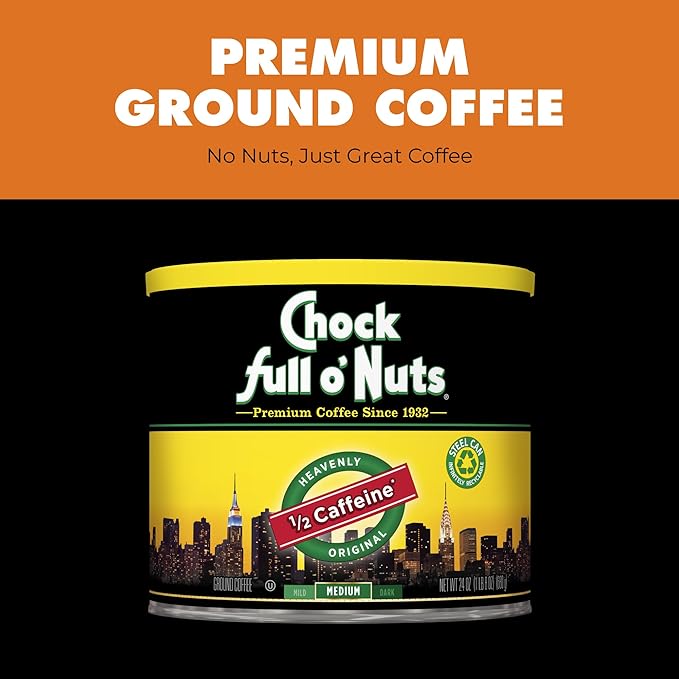 Chock Full o' Nuts Heavenly Original Half Caffeine Ground Coffee – Premium Beans in Recyclable Steel Can – Rich Flavor & Aroma, Medium Roast – Perfect for Drip, Pour-Over, Percolator – 24 Oz Can
