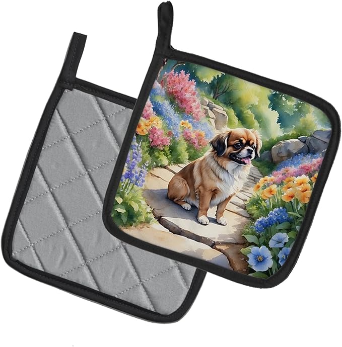 Caroline's Treasures Tibetan Spaniel Spring Path Pair of Pot Holders Kitchen Heat Resistant Pot Holders Sets Oven Hot Pads for Cooking Baking BBQ, 7 1/2 x 7 1/2
